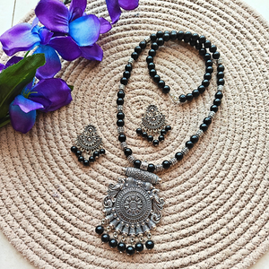Black Beads With Flowers Oxidized Pendant Necklace