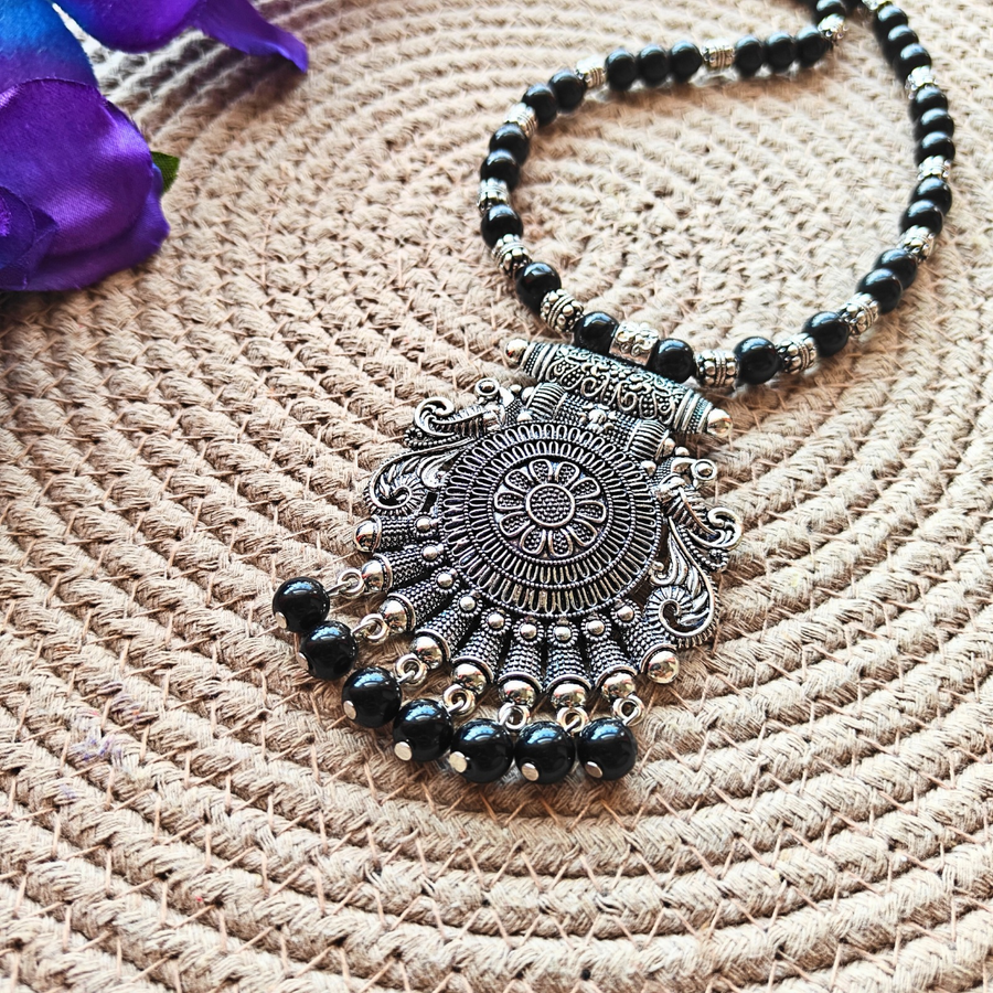 Black Beads With Flowers Oxidized Pendant Necklace