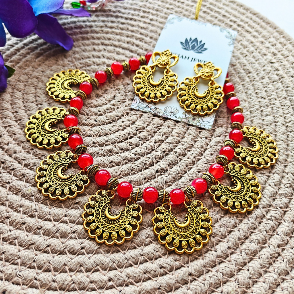 Red Beads With 7 Antique Charms Pendant Necklace