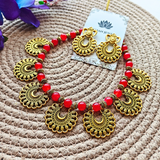 Red Beads With 7 Antique Charms Pendant Necklace