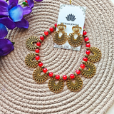 Red Beads With 7 Antique Charms Pendant Necklace