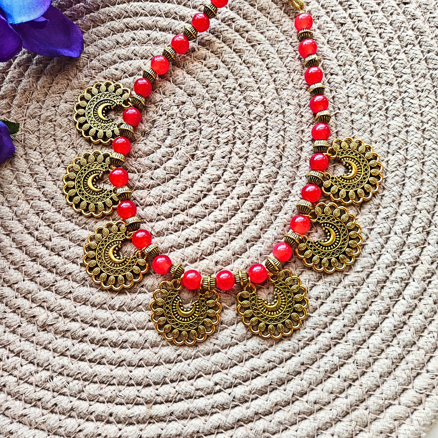 Red Beads With 7 Antique Charms Pendant Necklace