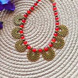 Red Beads With 7 Antique Charms Pendant Necklace
