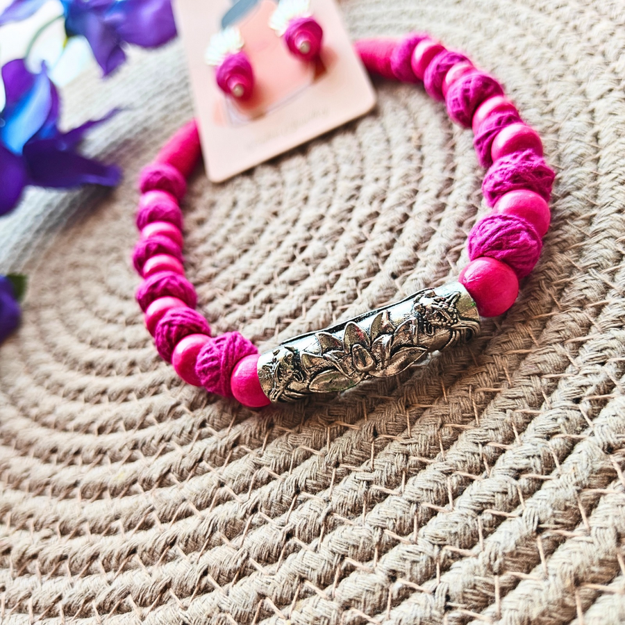Rani Pink Cotton Beads And Rani Pink Wooden Beads With Lotus Long Ring Oxidized Pendant Necklace