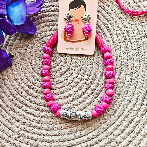 Rani Pink Cotton Beads And Rani Pink Wooden Beads With Lotus Long Ring Oxidized Pendant Necklace