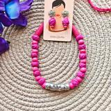Rani Pink Cotton Beads And Rani Pink Wooden Beads With Lotus Long Ring Oxidized Pendant Necklace