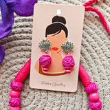 Rani Pink Cotton Beads And Rani Pink Wooden Beads With Lotus Long Ring Oxidized Pendant Necklace