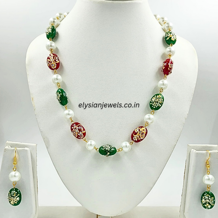 Maroon With Green Beads Necklace