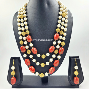 Pearl, Golden With Red Beads Necklace