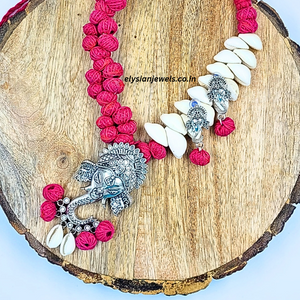 Pink cotton Beads Ganpati Oxidized Necklace