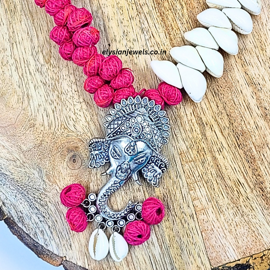 Pink cotton Beads Ganpati Oxidized Necklace