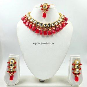 Red Tumble Beads With Kundan Necklace