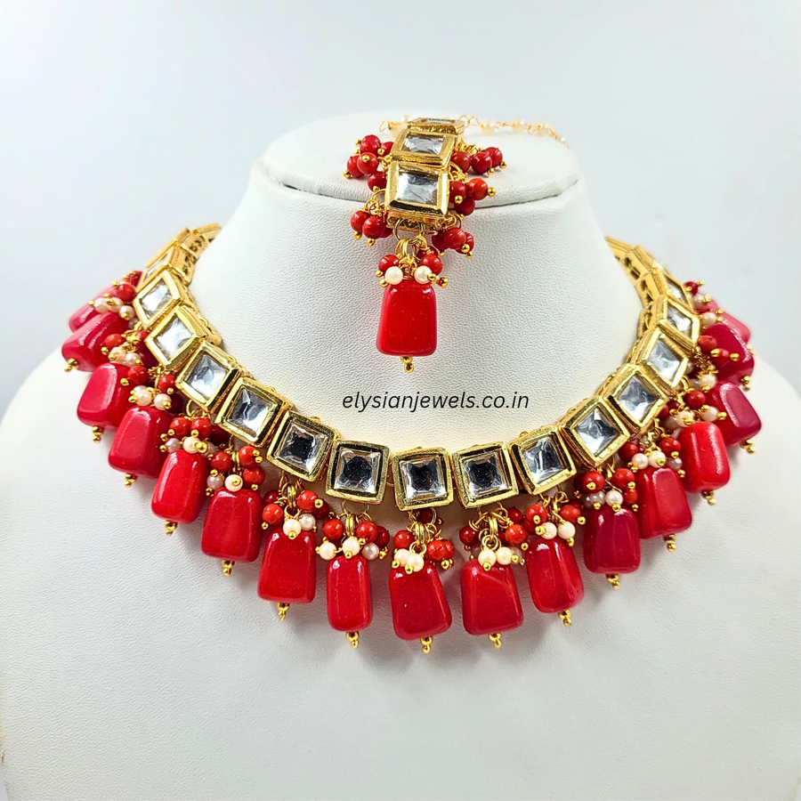 Red Tumble Beads With Kundan Necklace