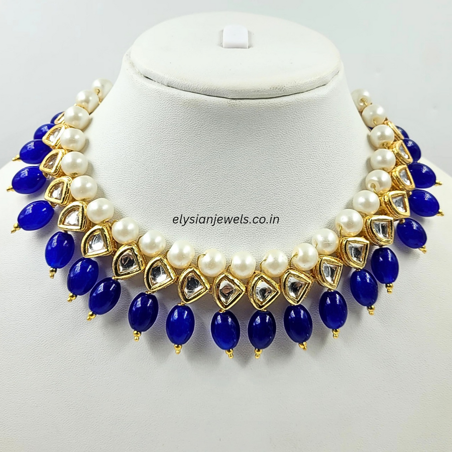 Pearl With Blue Beads Kundan Necklace