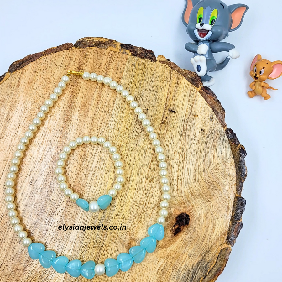 Pastel Blue Colour Heart Beads With Pearl Kids Necklace