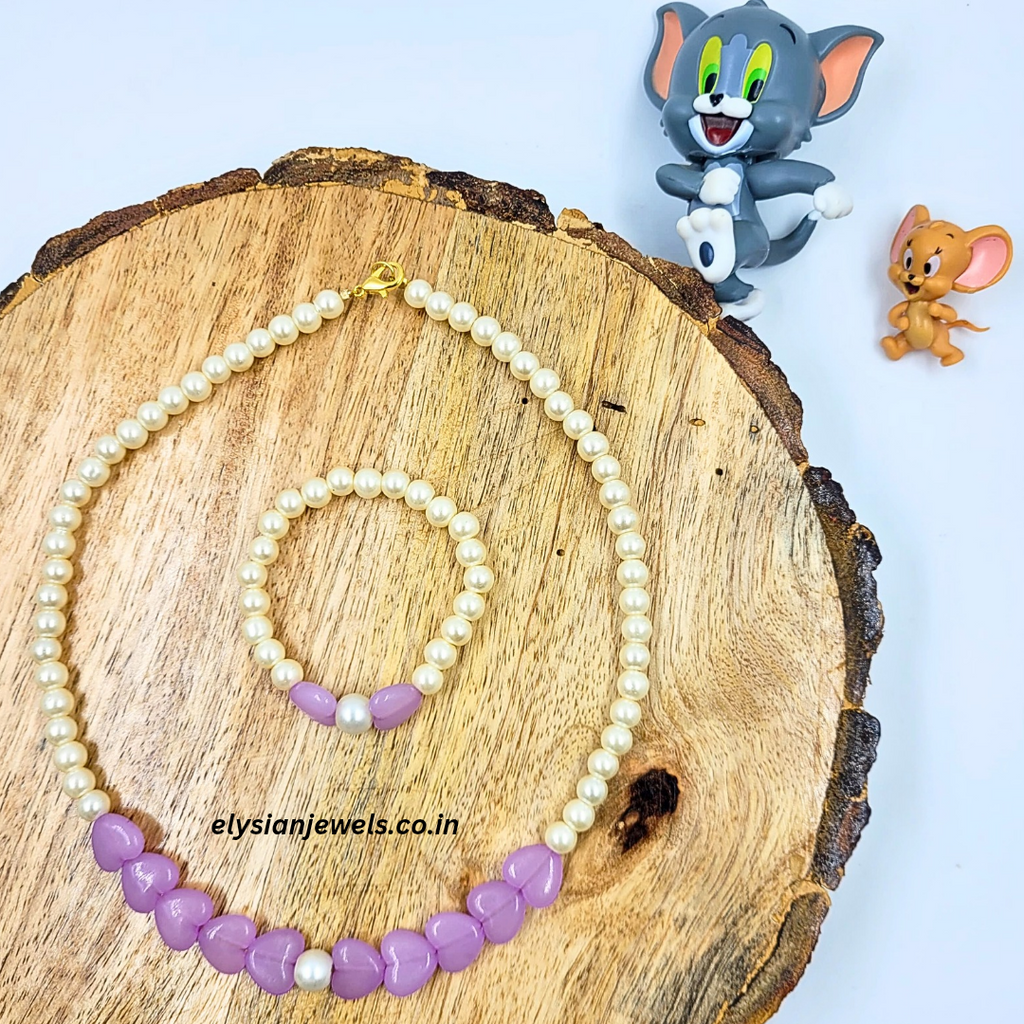 Pastel Purple Colour Heart Beads With Pearl Kids Necklace