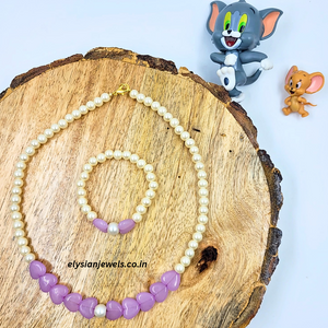 Pastel Purple Colour Heart Beads With Pearl Kids Necklace