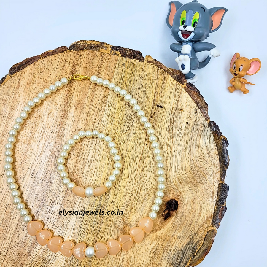 Pastel Peech Colour Matte Finish Heart Beads With Pearl Kids Necklace