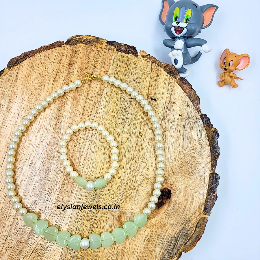 Pastel Green Matte Finish Heart Beads With Pearl Kids Necklace