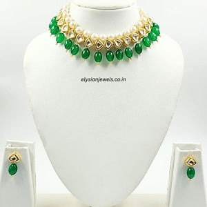 Pearl With Green Beads Kundan Necklace