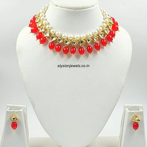 Pearl With Red Beads Kundan Necklace