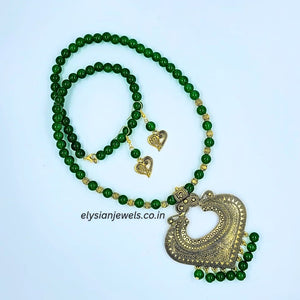 Green Beads With Antique Pendant Necklace