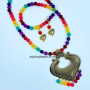 Multicolor Beads With Antique Pendant Necklace