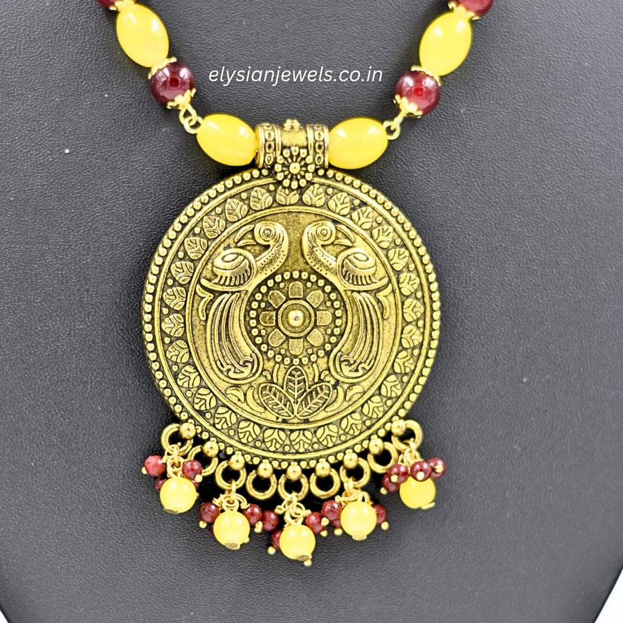 Maroon With Yellow Beads Antique Pendant Necklace