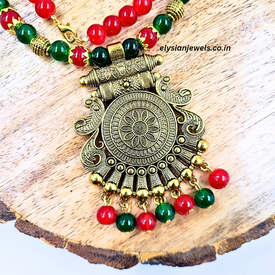 Red, Green Beads With Antique Pendant Necklace