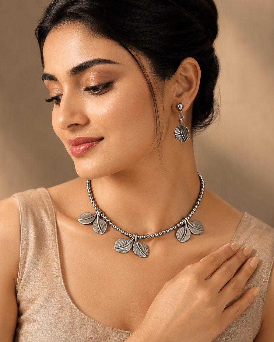 Silver Colour Beads With Leaf Shape Charms Oxidized Necklace