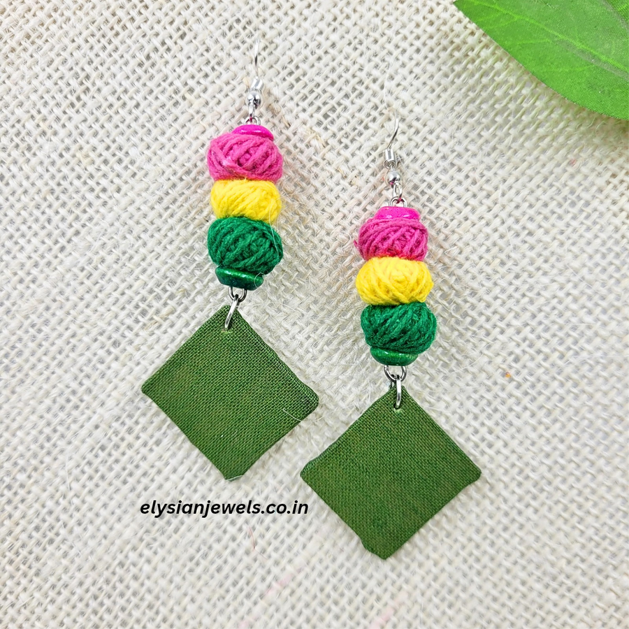 Pink, Yellow And Green Cotton Beads With Green Color Fabric Earring