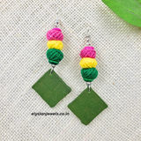Pink, Yellow And Green Cotton Beads With Green Color Fabric Earring