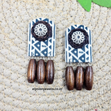 Jute And Wooden Beads With White And Black Printed Fabric Earring