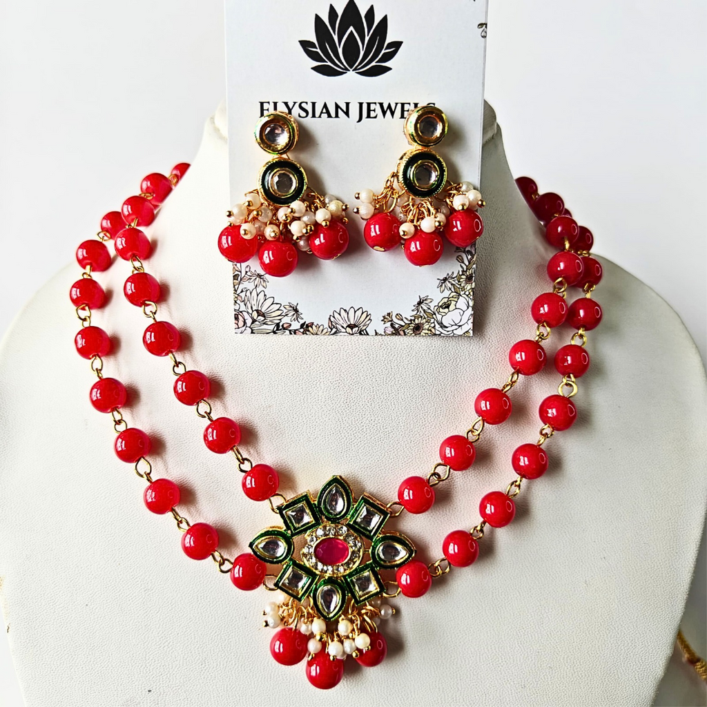 Two Layer Beads With Green Kundan Necklace