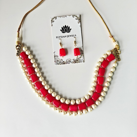 Pearls With Red Tumble Beads Three Layer Necklace