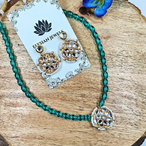 Oval Sky Blue Beads With White Round Moti Kundan Necklace