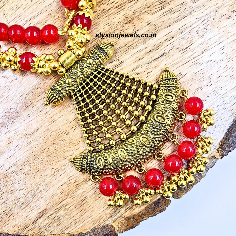 Red Beads, CCB Golden Beads With Antique Pendant Necklace