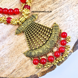 Red Beads, CCB Golden Beads With Antique Pendant Necklace