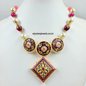 Multicolour Meenakari Tumble Beads With Blue Meenakari Kundan Necklace