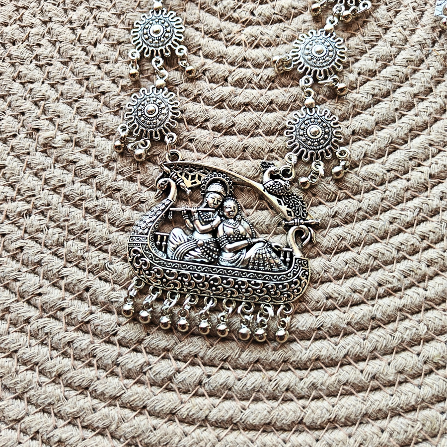 Radhakrishna Pendent With Flower Charms Oxidized Necklace