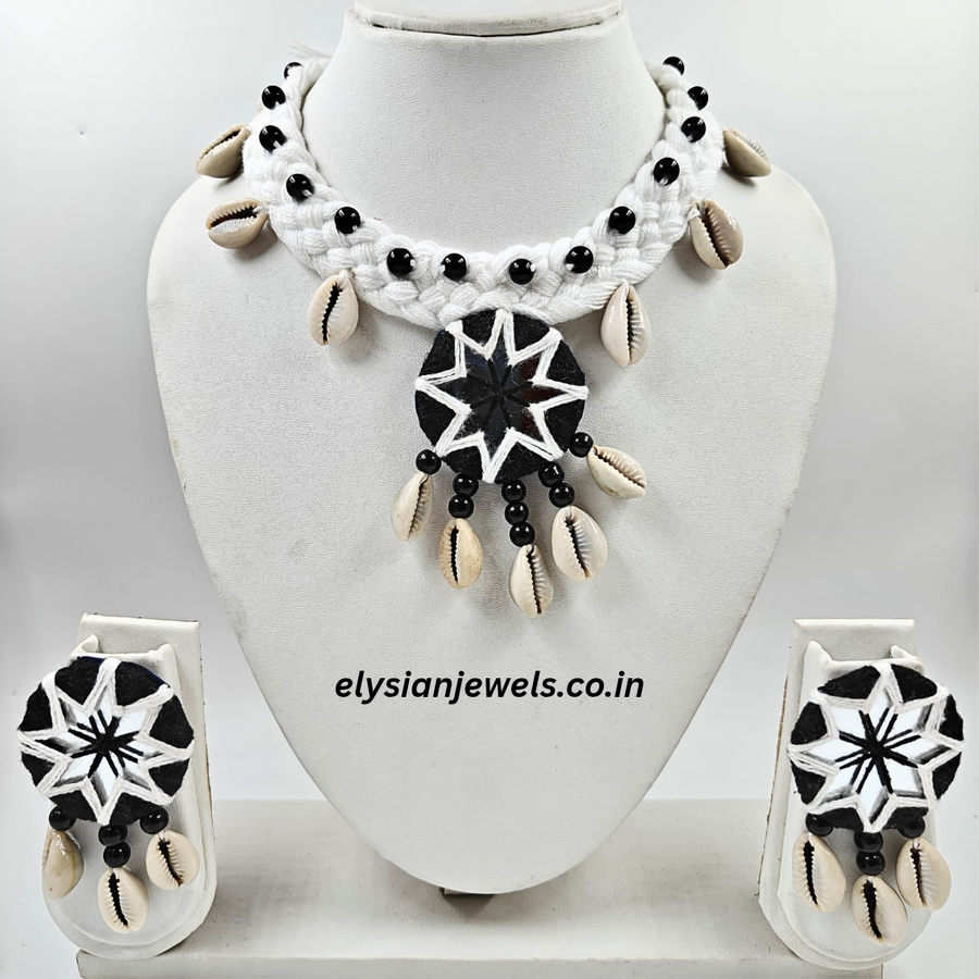 Cowrie, Black And White Mirror Embroidery With White Binuni Dori Necklace