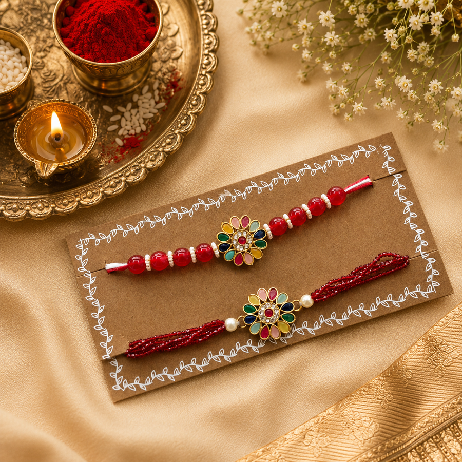 Red Beads With Multicolour Flower Kundan Bhaiya Bhabhi Rakhi