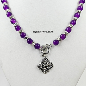 Dark Purple Beads & Silver Beads With Rose Charm Oxidized Necklace