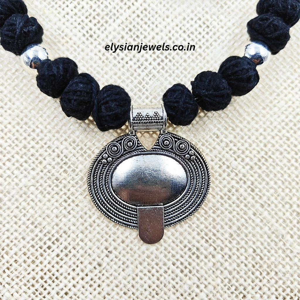 Black Cotton Beads With Large Tribal Silver Pendant, Oxidized Necklace