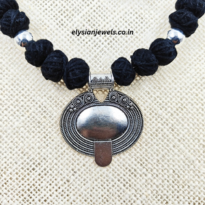 Black Cotton Beads With Large Tribal Silver Pendant, Oxidized Necklace