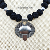 Black Cotton Beads With Large Tribal Silver Pendant, Oxidized Necklace