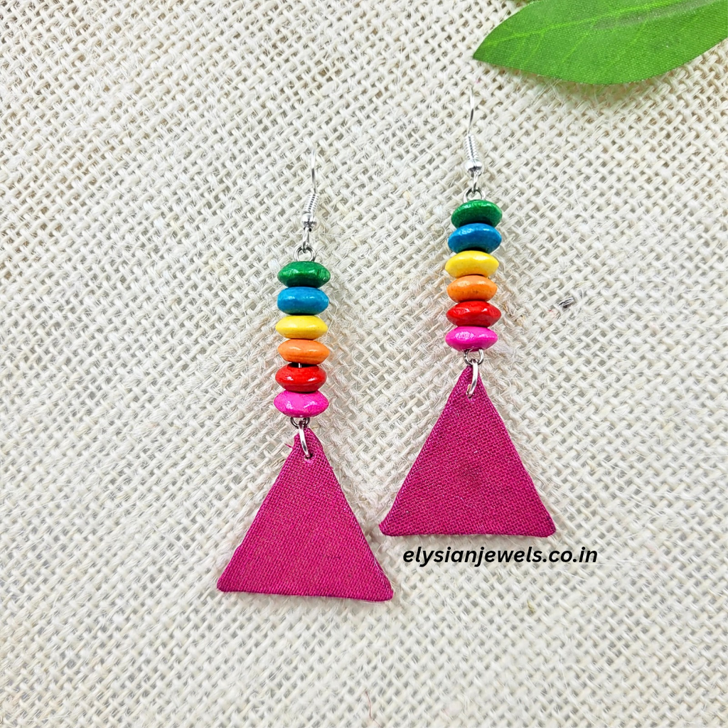 Multicolour Wooden Beads With Pink Color Triangle Shape Fabric Earring