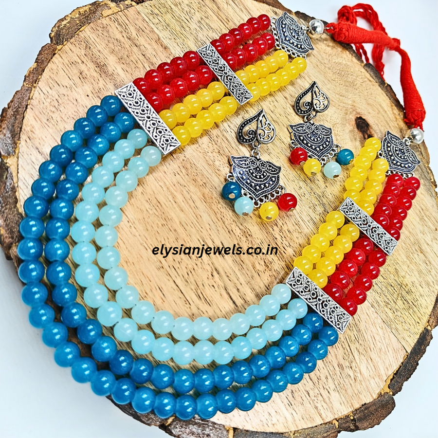 Blue, Sky Blue, Red, Yellow Beads With Red Back Rope Oxidized Necklace