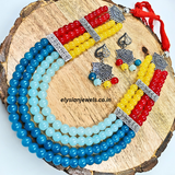 Blue, Sky Blue, Red, Yellow Beads With Red Back Rope Oxidized Necklace
