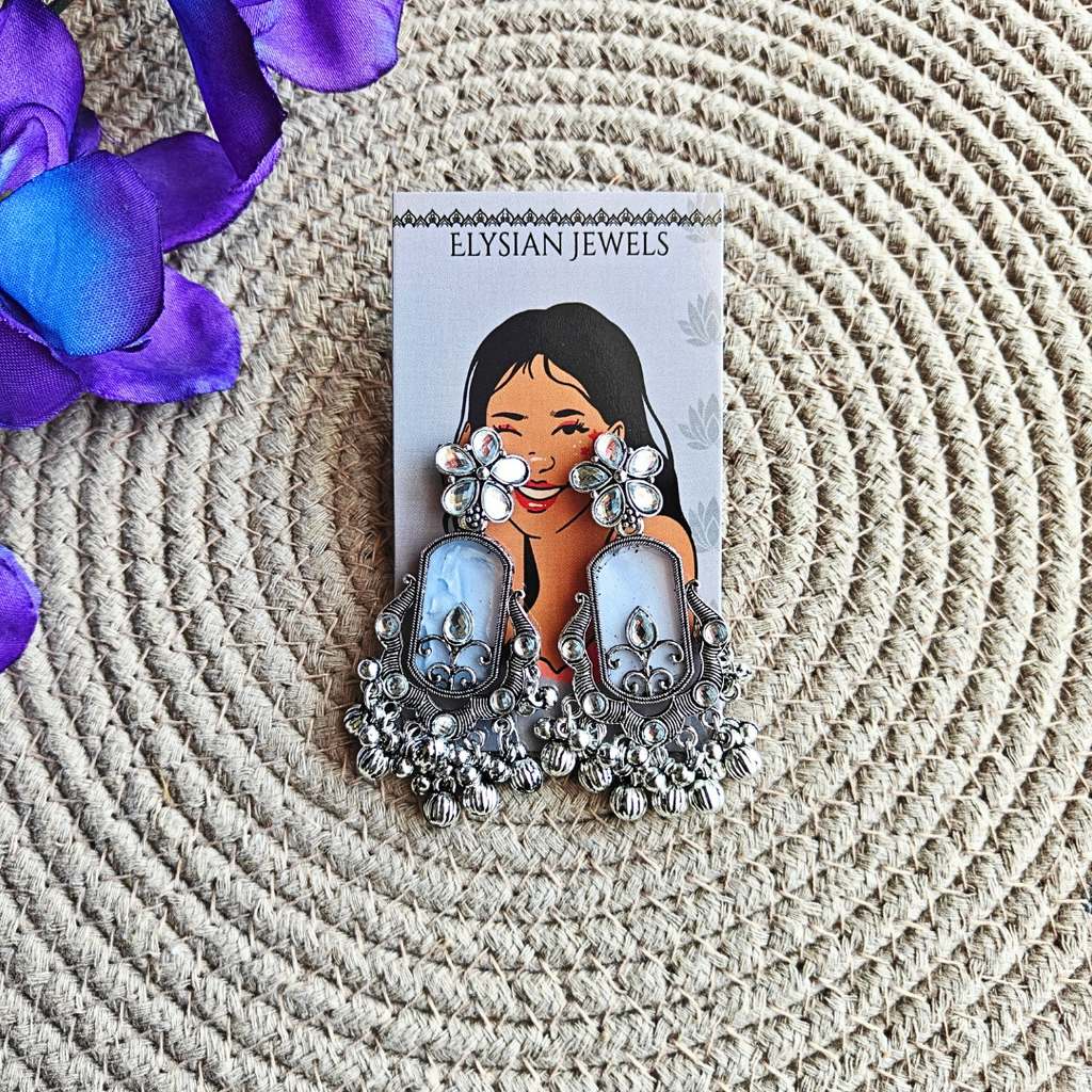 White Kundan With Oxidized Silver Plated Dangle Earrings